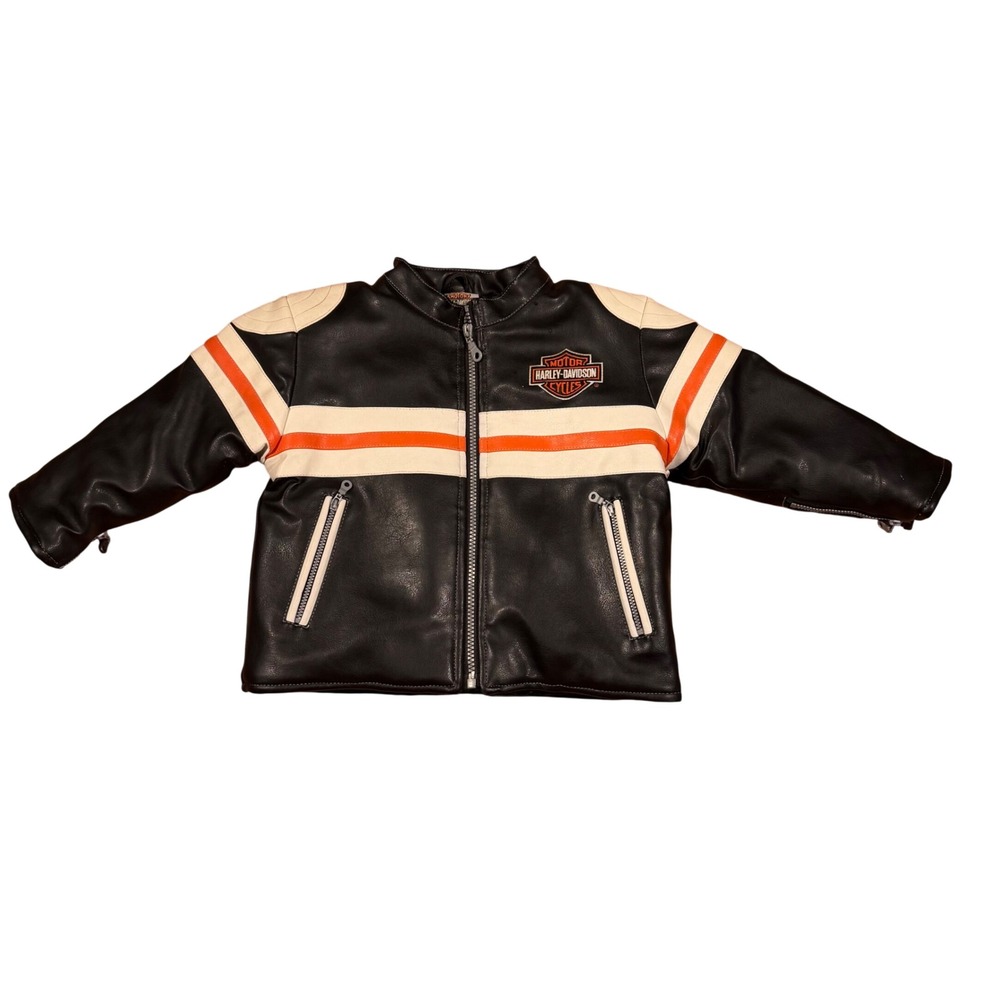 Harley-Davidson Toddler Boys 2T Faux Leather Biker Jacket Black Orange 1903